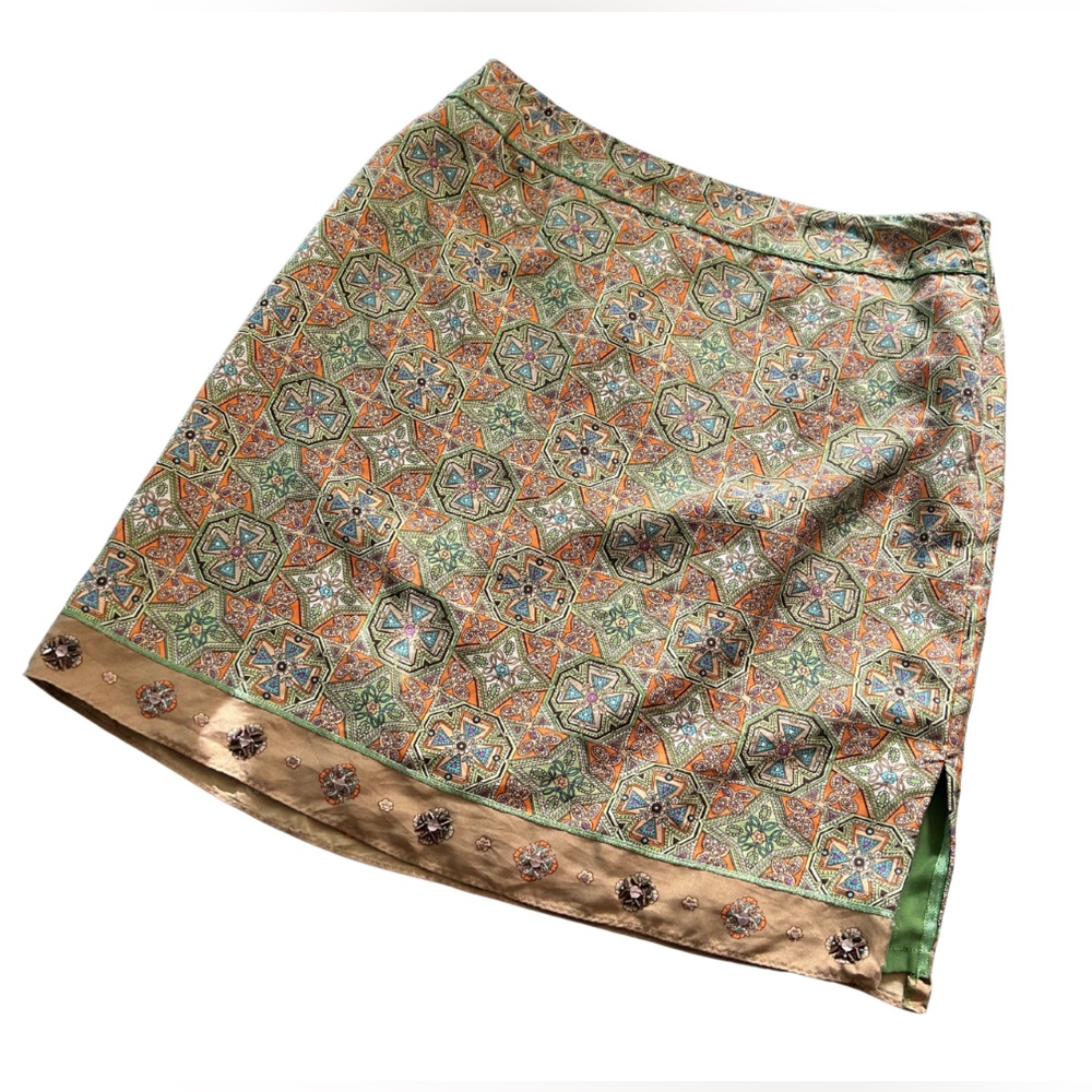 Valerie Stevens Beaded Silk Moroccan Tile Print Mini Skirt | Size 10